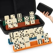 Double 6 Dominos Set for Adults with 28 Tiles & 4 Silicone Domino Racks, Fits Most Standard Sizes (Not for Tournament), Classic Board Games with Portable Case for Family Game Nights and Travel
