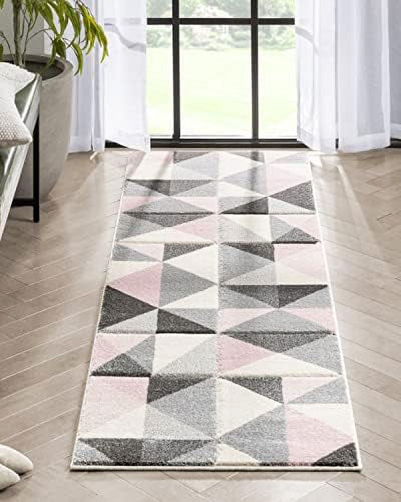 Nia Blush & Grey Abstract Triangle Boxes Modern Runner Rug 2X7 (2'3