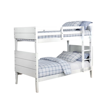 Nia Modern Wood Twin Bunk Bed, Panel Headboard, Built in Ladder, White- Saltoro Sherpi