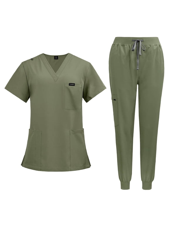 Niaahiaa Scrubs for Women Set Classic V-Neck Top and Yoga Jogger Pant Medical Nursing Uniform Scrubs Set