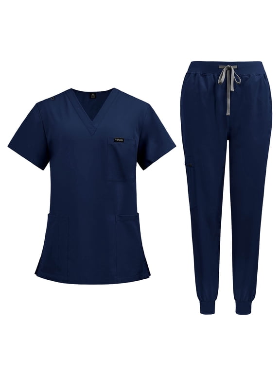 Niaahiaa Scrubs for Women Set Classic V-Neck Top and Yoga Jogger Pant Medical Nursing Uniform Scrubs Set