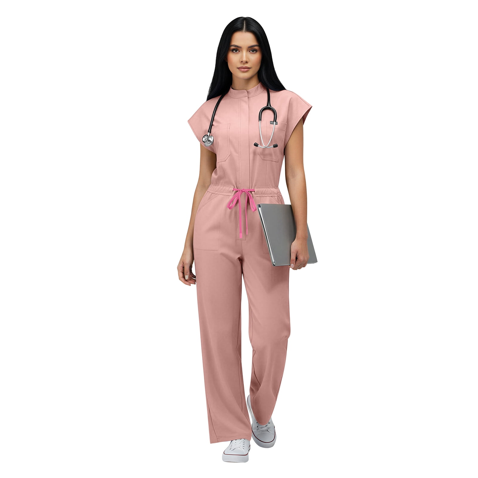 Women's Medical Scrub Jumpsuit - Mandarin Collar, with Drawstring Waist for Nursing Uniforms