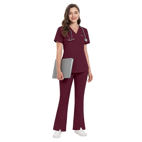 Niaahinn Women's Medical Scrub Set - V-Neck Top with Pocket & Elastic Waist Flared Split Pants, Nursing Uniforms for Women
