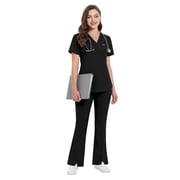 Niaahinn Women's Medical Scrub Set - V-Neck Top with Pocket & Elastic Waist Flared Split Pants, Nursing Uniforms for Women