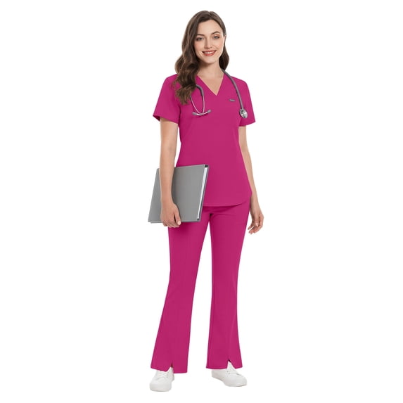 Niaahinn Women's Medical Scrub Set - V-Neck Top with Pocket & Elastic Waist Flared Split Pants, Nursing Uniforms for Women