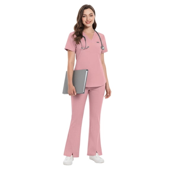Niaahinn Women's Medical Scrub Set - V-Neck Top with Pocket & Elastic Waist Flared Split Pants, Nursing Uniforms for Women
