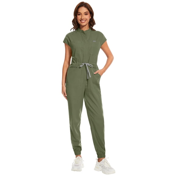 Niaahinn Women's Scrub Jumpsuit In 8 Pocket Scrubs Set with Front Zipper Open Placket Neckline Top and Elastic Waist