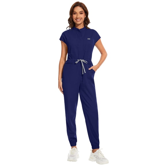Niaahinn Women's Scrub Jumpsuit In 8 Pocket Scrubs Set with Front Zipper Open Placket Neckline Top and Elastic Waist