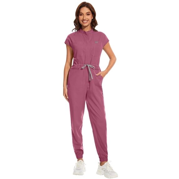 Niaahinn Women's Scrub Jumpsuit In 8 Pocket Scrubs Set with Front Zipper Open Placket Neckline Top and Elastic Waist