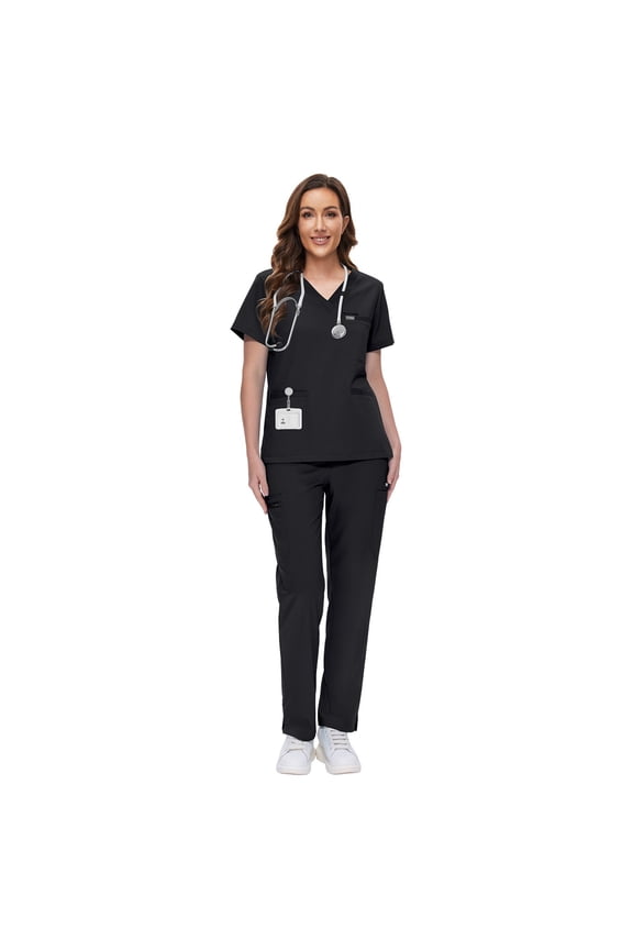 Women's Scrub Set - Soft Stretch V-Neck Top & Elastic Waist Jogger Uniform, 8 Colors