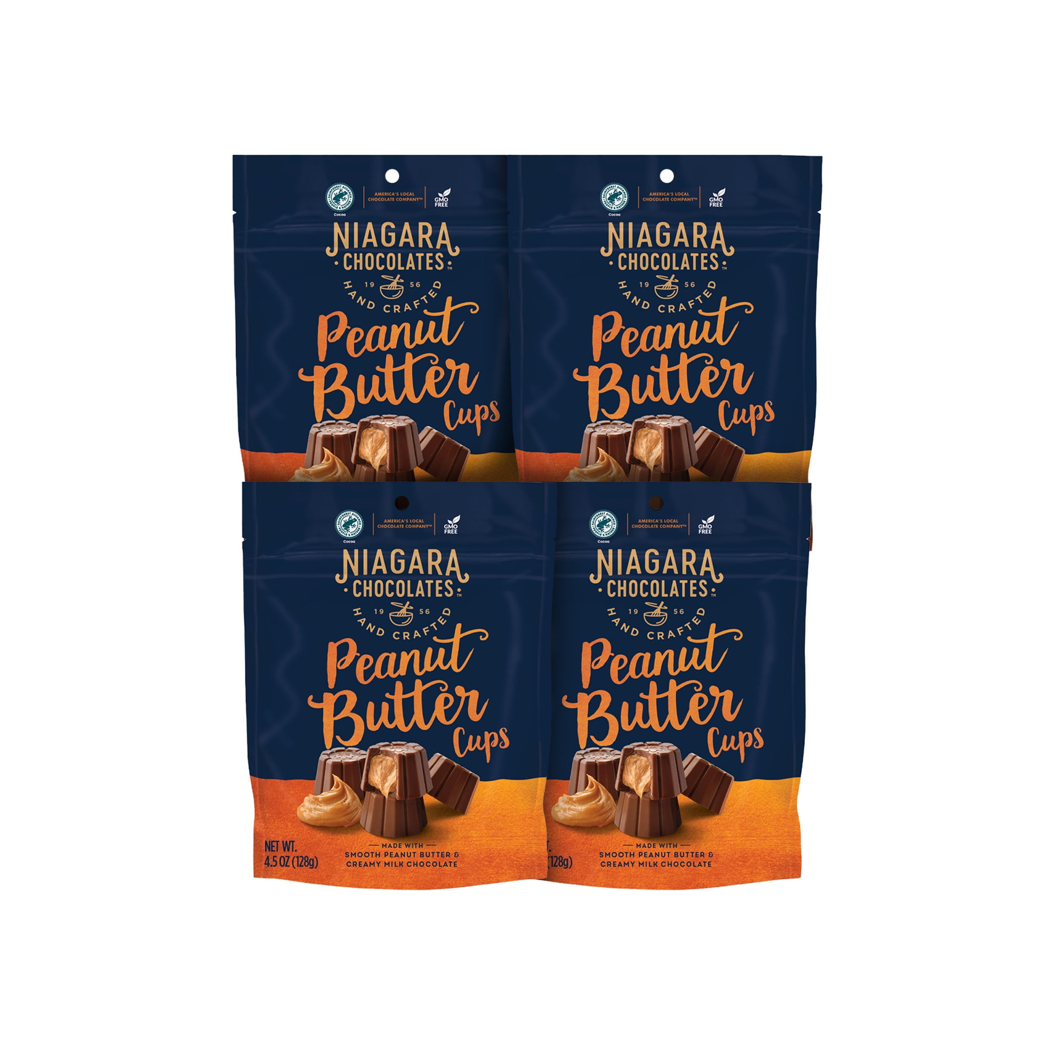 Niagara Chocolates Milk Chocolate Peanut Butter Cups 4 Pack Stand-Up Bag (4.5oz) Non-GMO, Premium Chocolate, Hand-Crafted