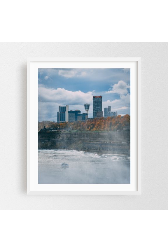 Niagara Falls from NY 01 - Niagara Falls New York Photography Cityscape Skyline Autumn Waterfall Boat Scenic Travel Poster White Framed Wall Art Print 6 x 8 inches
