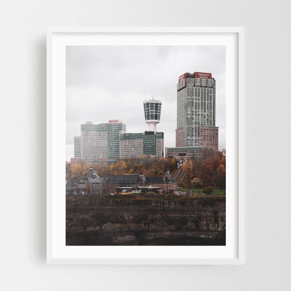 Niagara Falls from NY 03 - Niagara Falls New York Photography Cityscape Architecture Autumn Skyline Travel Poster Scenic White Framed Wall Art Print 16 x 20 inches