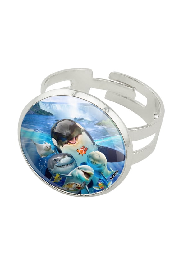 Niagara Falls New York Canada Selfie Orca Shark Dolphin Silver Plated Adjustable Novelty Ring