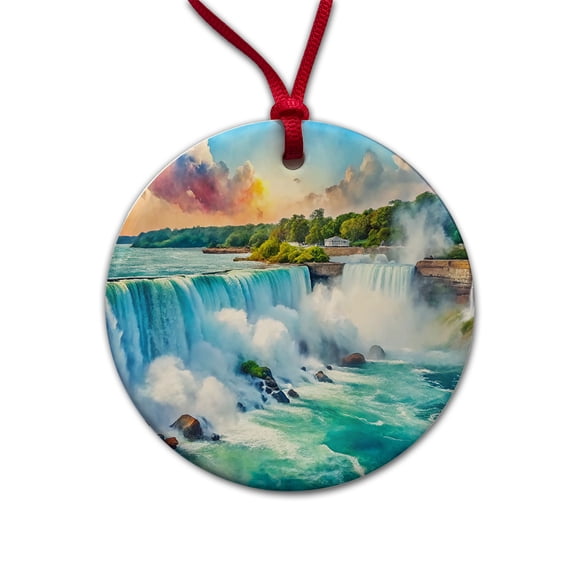 Niagara Falls New York Watercolor Christmas Tree Holiday Round Ceramic Ornament