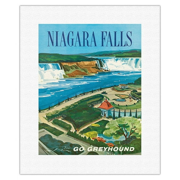 Niagara Falls - Ontario, Canada - New York, USA - Go Greyhound (Greyhound Bus Lines) - Vintage Travel Poster by S. Fleming c.1950s - Fine Art Rolled Canvas Print 11in x 14in