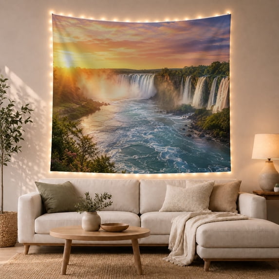 Niagara Waterfall in Misty Tropical Forest, Dramatic Watercolor for Nature Lovers, Scenic Landscape Art, Housewarming Gift Tapestry Wall Hanging for Bedroom and Living Room