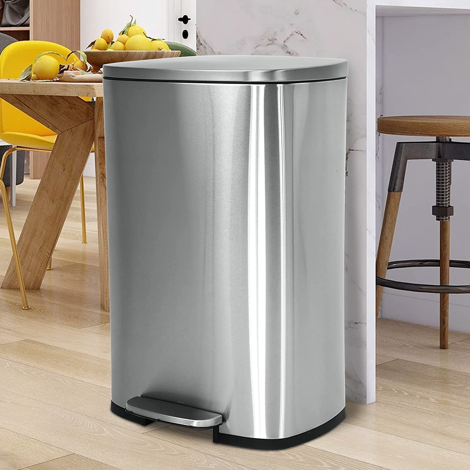 13 Gallon Kitchen Trash Can with Lid, Metal Step on Trash Can Stainless Steel Trash Can Touchless Garbage Bin for Office Bedroom Bathroom , Silver