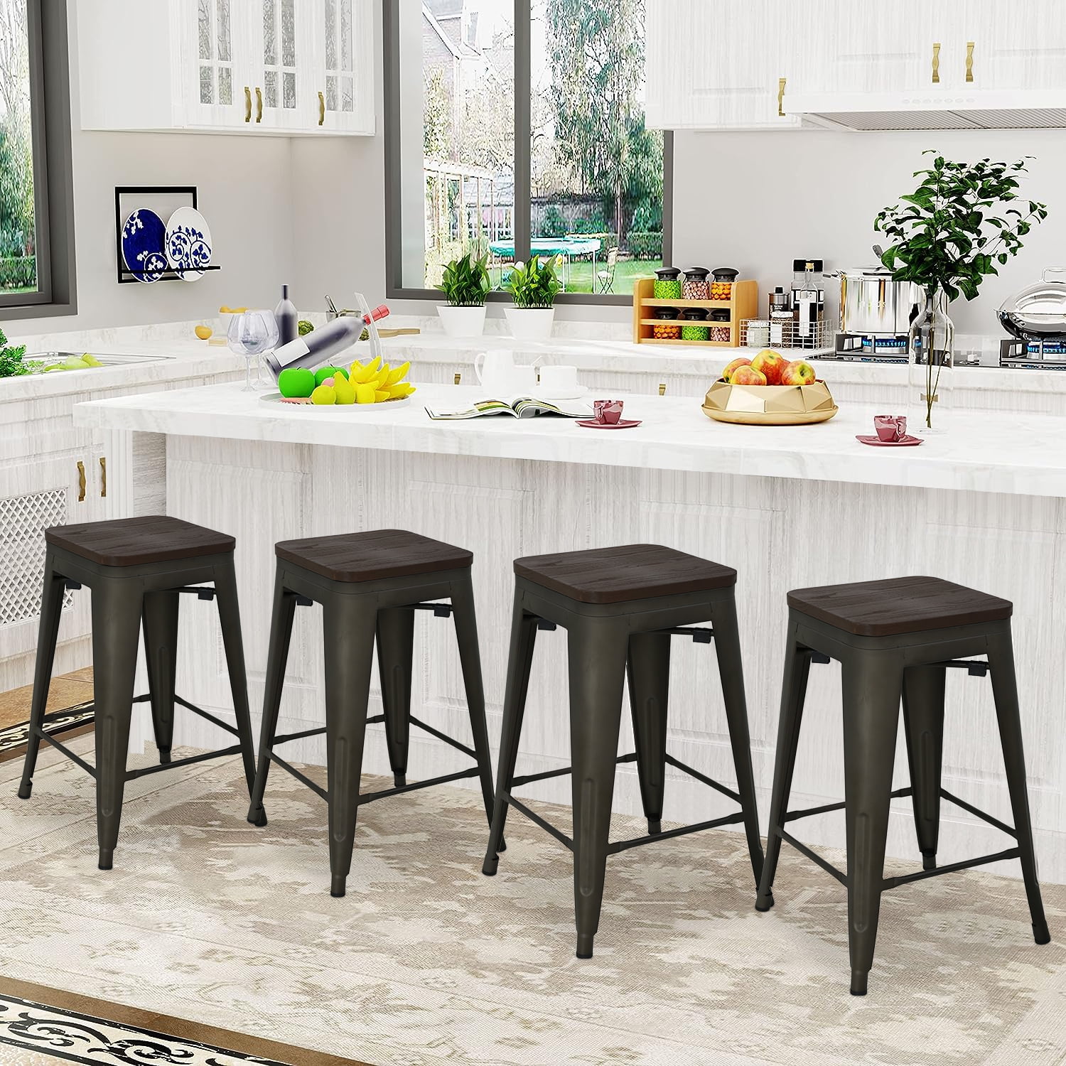 NiamVelo 24" Metal Bar Stools Set of 4 Counter Height Backless Stools ...