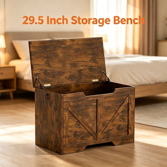 NiamVelo 29.5" Storage Chest, Wooden Storage Bench with Safety Hinge, Entryway Storage Benches Storing Trunk for Entryway, Living Room, Bedroom, 300 LBS Capacity, Brown