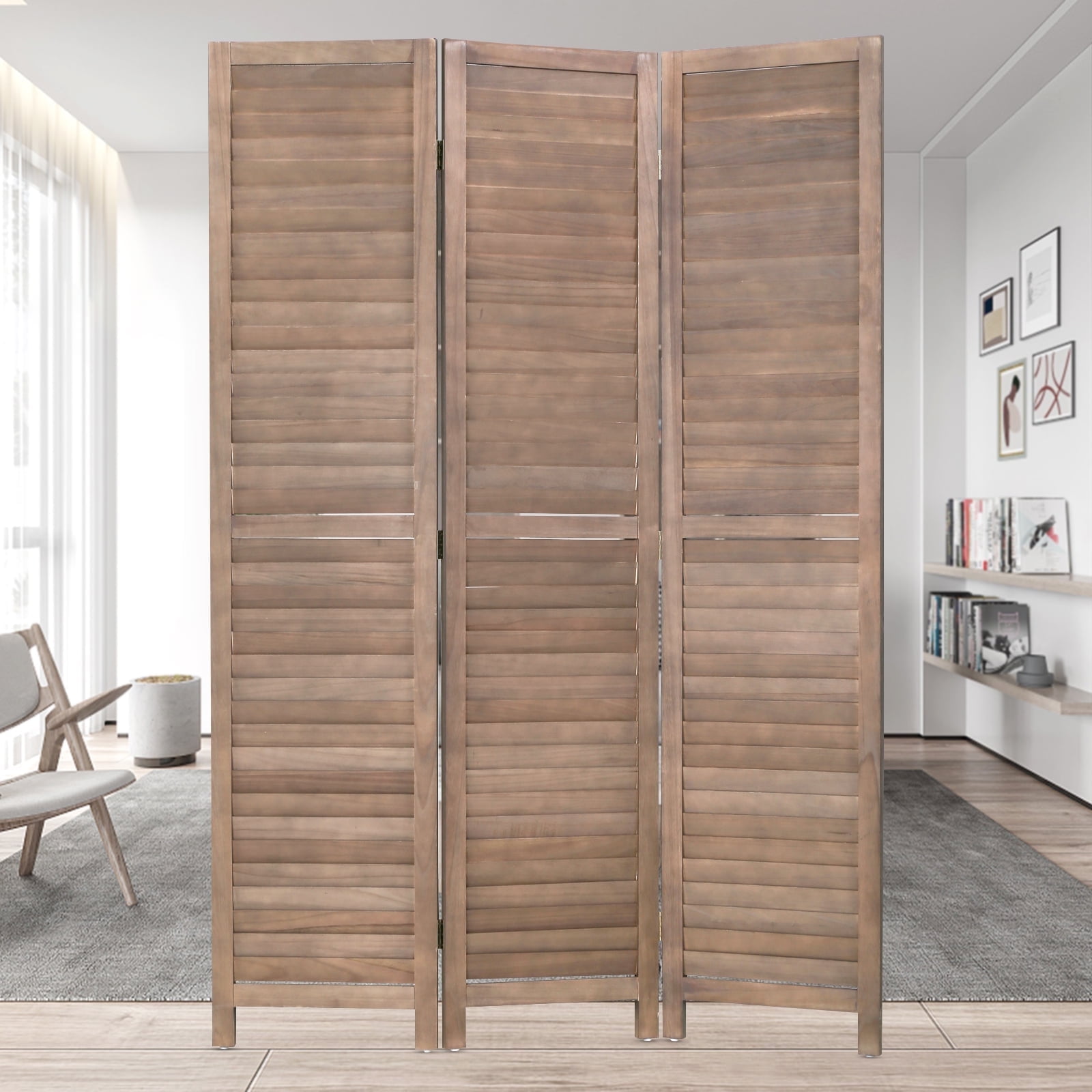 NiamVelo 3 Panel Wood Room Divider 67.7" Tall Folding Privacy Screen Wall Divider for Home Office, Brown