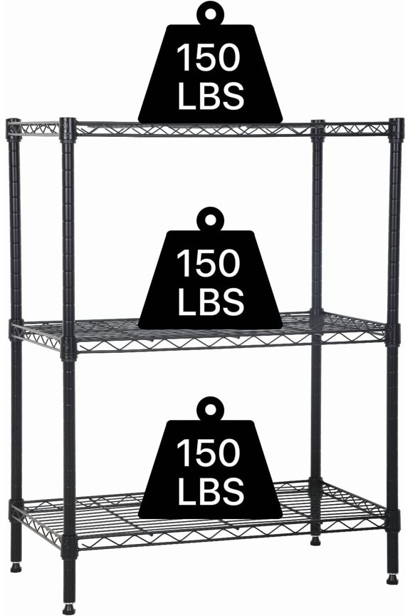 3 Tier Shelf Storage Rack Metal Wire Shelving Unit Steel Short Shelves for Storage, Adjustable Shelf Metro Shelving 450lbs Capacity for Kitchen Garage, 23Lx13.2Wx30.2H, Black