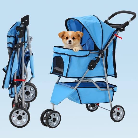 NiamVelo 3 Wheels Dog Stroller Folding Pet Stroller Cat Stroller Travel Carrier Strolling Cart W/Cup Holder & Storage Basket for Puppy&Cats, Blue