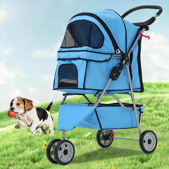 NiamVelo 3 Wheels Pet Stroller Dog Cat Stroller Travel Folding Carrier with Cup Holder & Storage Basket, Blue