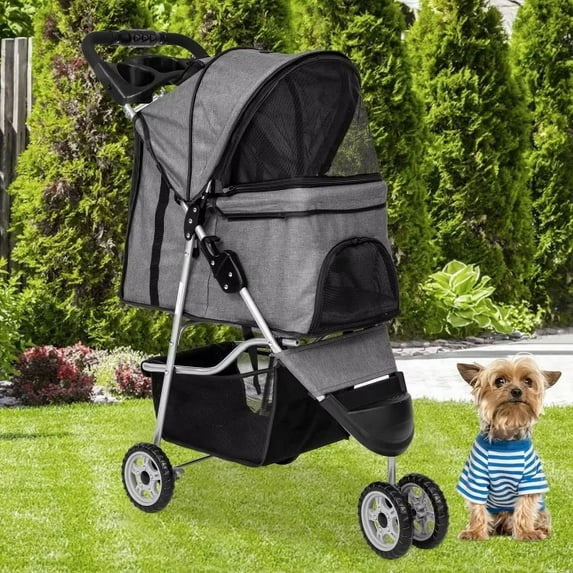 NiamVelo 3 Wheels Pet Stroller Folding Dog Stroller Cat Stroller with Cup Holder & Storage Basket for Medium Small Dogs Cats, Grey