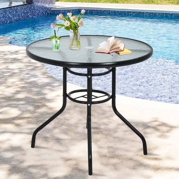 NiamVelo 32" Patio Table with Umbrella Hole, Round Glass Patio Table, Outdoor Bistro Dining Tables for Outside, Garden, Balcony,Patio
