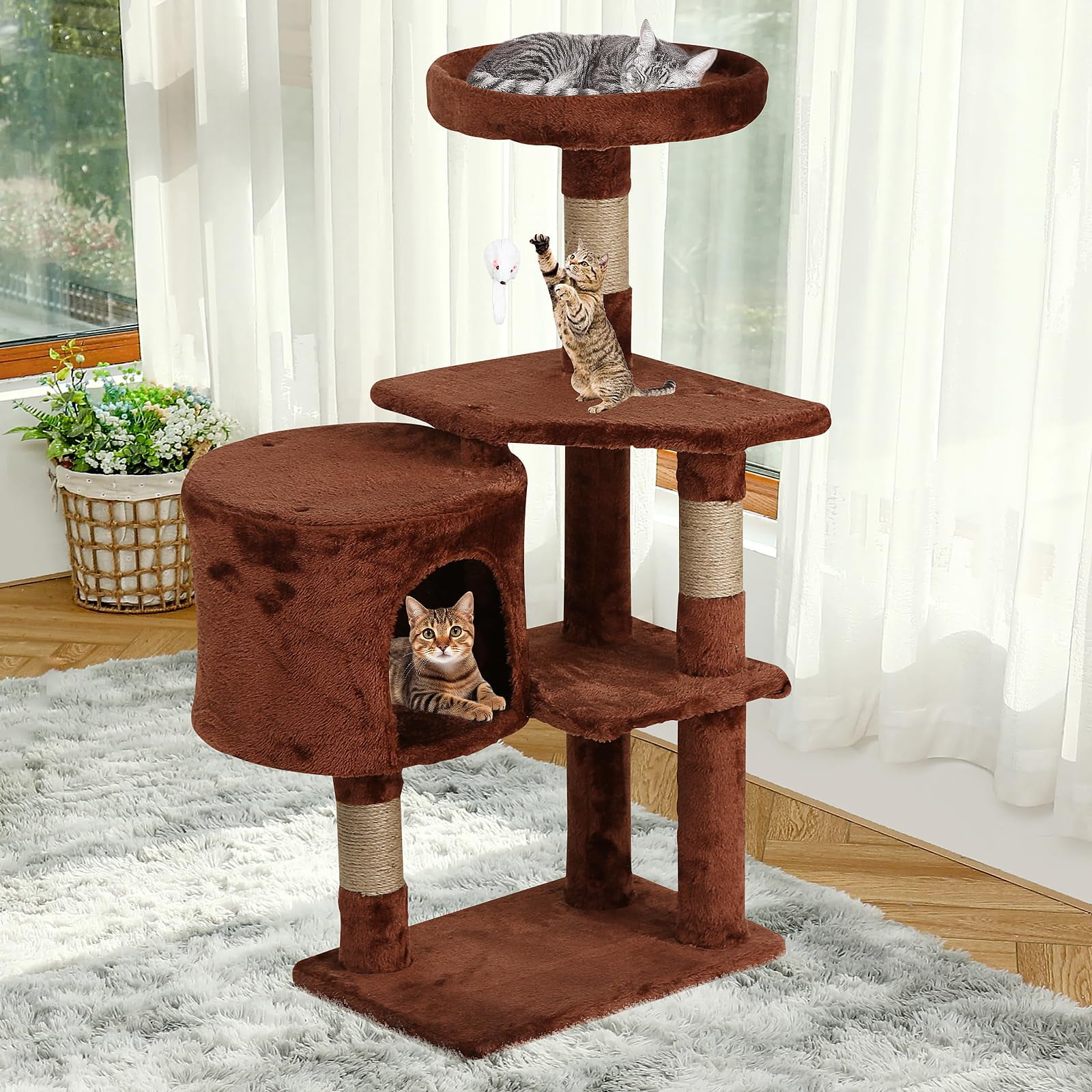 NiamVelo 36 Inch Cat Tree Cat Tower for Small Cats, Plush Multi-Level Cat Condo with Scratch Post Kittens Playhouse Furniture Set, Brown