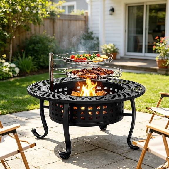 NiamVelo 36 Inch Fire Pit with 2 Cooking Grates, Wood Burning Fire Pits for Outside with Lid & Poker BBQ& Outdoor Firepit & Round Metal Table 3 in 1 for Patio, Picnic, Party, Black