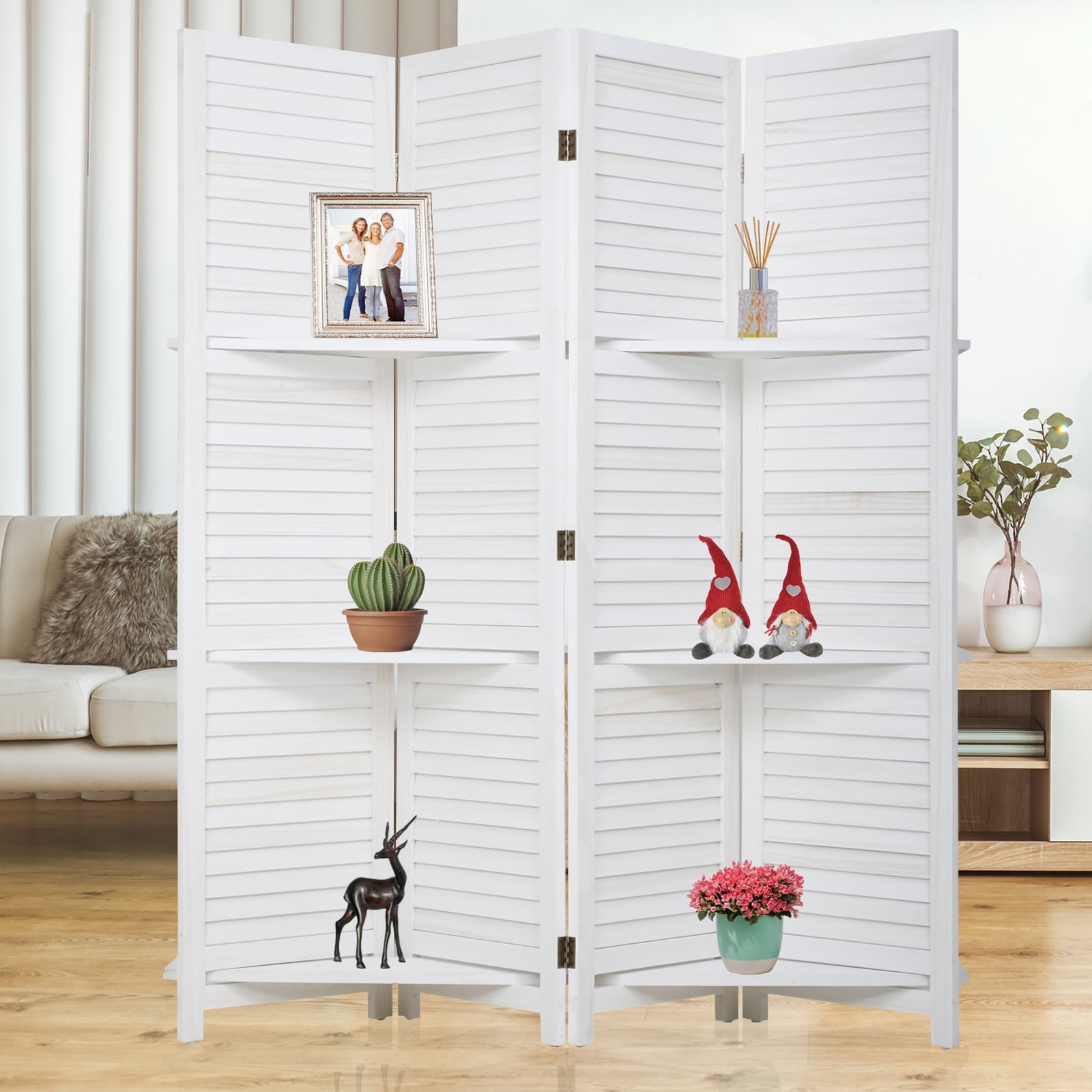 NiamVelo 4 Panel Wood Room Divider Folding Privacy Screen Portable Freestanding Room with 3 Shelves for Home Office, White
