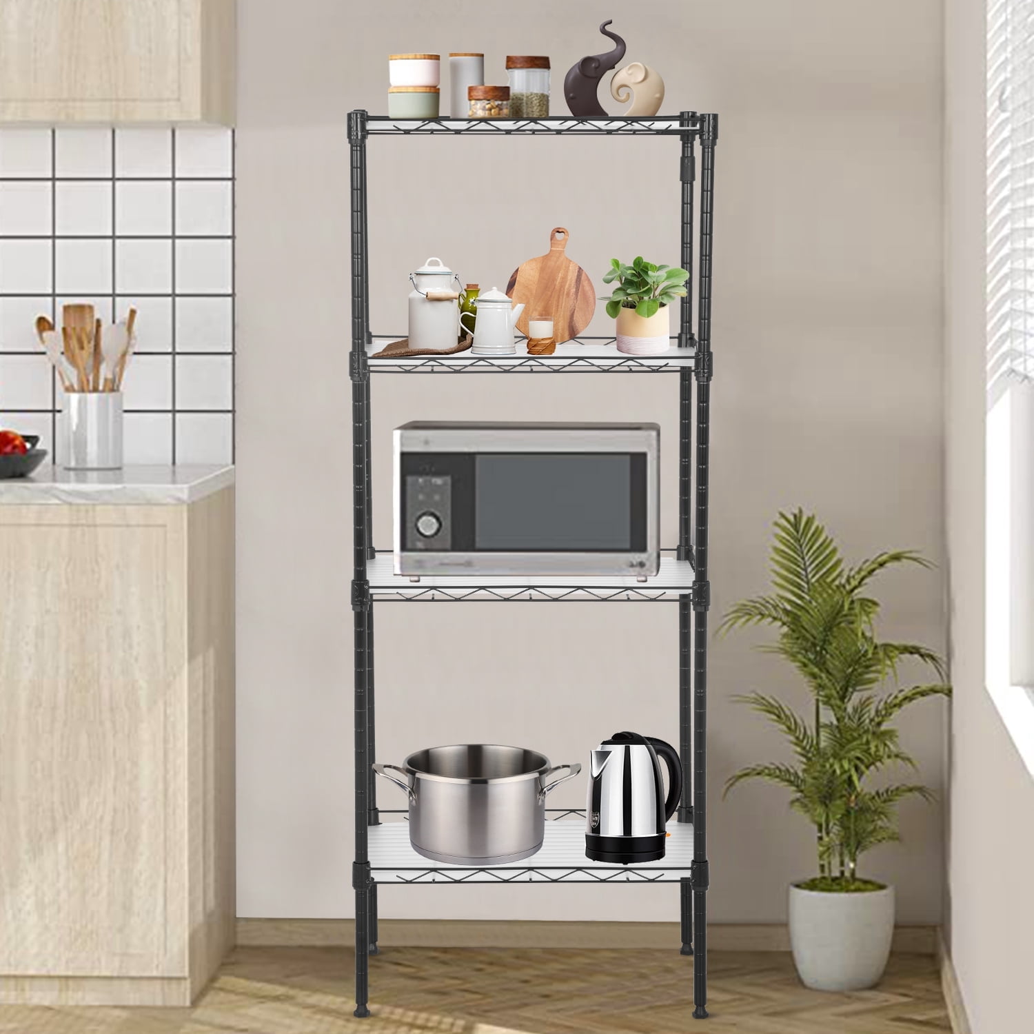 NiamVelo 4-Tier Storage Shelves Adjustable Wire Shelves Metal Shelf with 4 PP Sheets for Kitchen Bathroom Garage, 600 LBS Capacity,Black