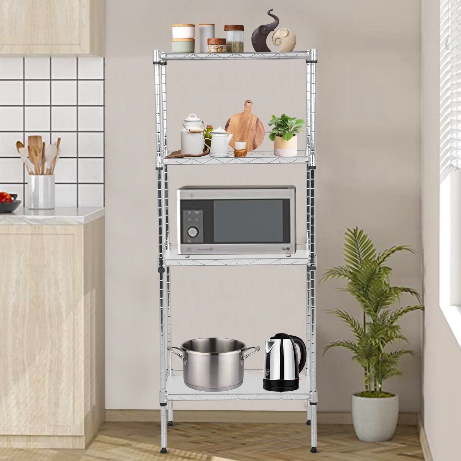NiamVelo 4-Tier Storage Shelves Adjustable Wire Shelves Metal Shelf with 4 PP Sheets for Kitchen Bathroom  Garage, Chrome
