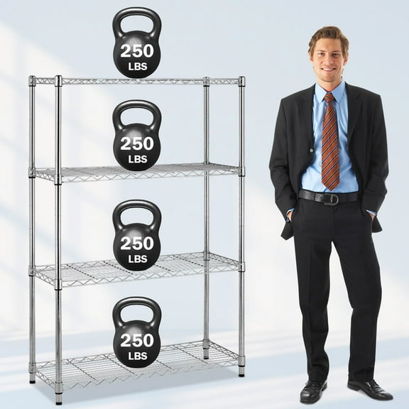 NiamVelo 4 Tier Wire Shelving Unit Heavy Duty Metal Shelf Adjustable Storage Shelves for Kitchen, Garage, Pantry ,Office, Bedroom, 1000lbs, Chrome