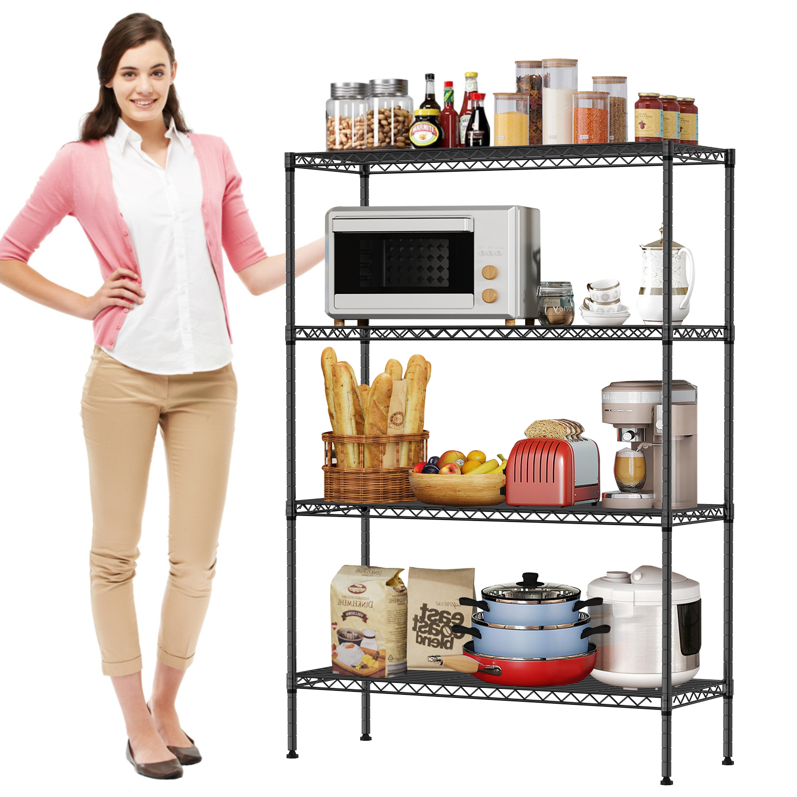 NiamVelo 4 Tier Wire Shelving Unit Metal Shelves Adjustable Storage Shelves for Kitchen, Garage, Pantry ,Office, 800lbs, 35.4"L x13.3"W x53.7"H, Black
