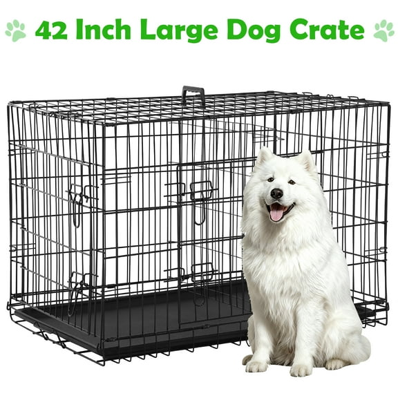NiamVelo  42'' Large Dog Crate Heavy Duty Dog Cage Folding Metal Pet Crate  with Divider & Tray Double Doors  Dog Kennel  for Large Dogs, Black