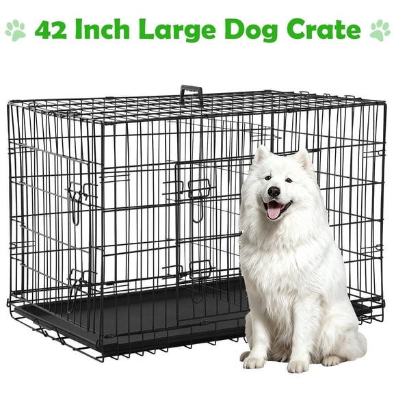 NiamVelo  42'' Large Dog Crate Heavy Duty Dog Cage Folding Metal Pet Crate  with Divider & Tray Double Doors  Dog Kennel  for Large Dogs, Black