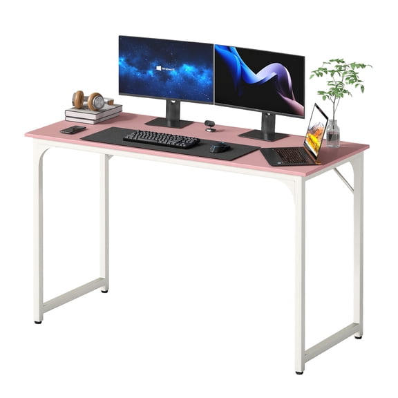 NiamVelo 47'' Computer Desk Simple Desk with Adjustable Feet, Large Office Desk with Metal Legs, Modern Steel Frame Wood Study Desk for Home Office, Pink