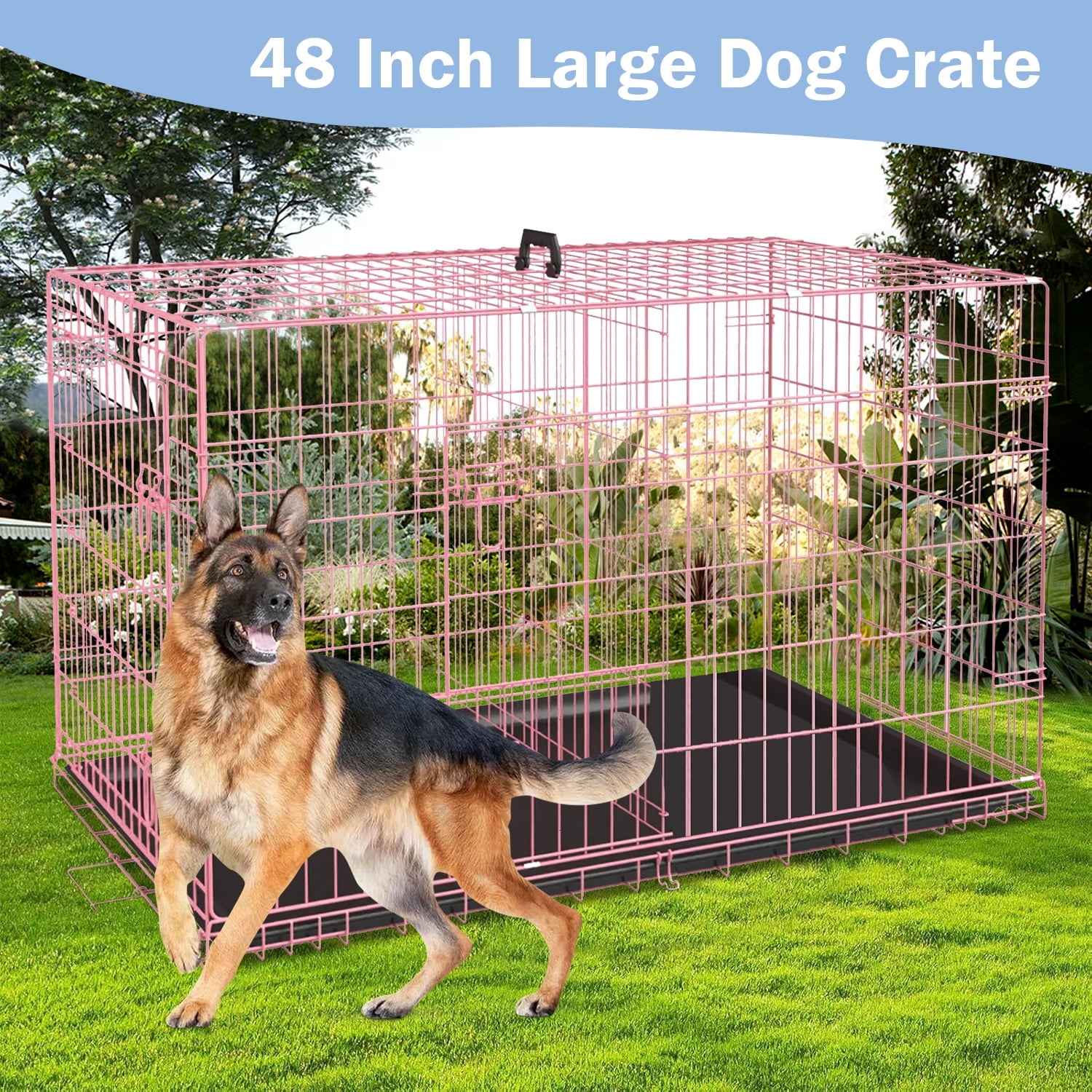 NiamVelo 48 inch Large Dog Crate Dog Cage Dog Kennel, Folding Metal Wire Pet Crate with Handle and Plastic Tray, Indoor&Outdoor, Pink XXL
