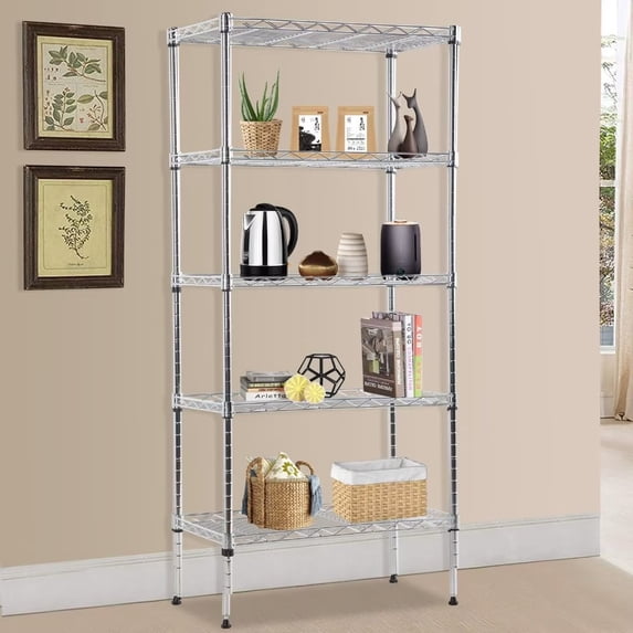 NiamVelo 5 Tier Wire Shelving Unit Metal Storage Shelves, Adjustable Heavy Duty Wire Rack Shelving 750lbs Capacity for Garage Home Kitchen Bathroom, Silver