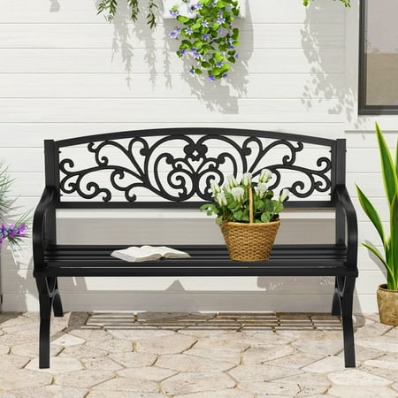 NiamVelo 50-in  Garden Bench  Outdoor Metal Bench Patio Bench with Armrests for Park, Porch, Lawn,Yard,  Work Entryway, Black