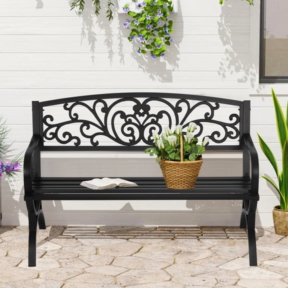 NiamVelo 50-in Garden Bench Outdoor Metal Bench Patio Bench with Armrests for Park, Porch, Lawn,Yard, Work Entryway, Black