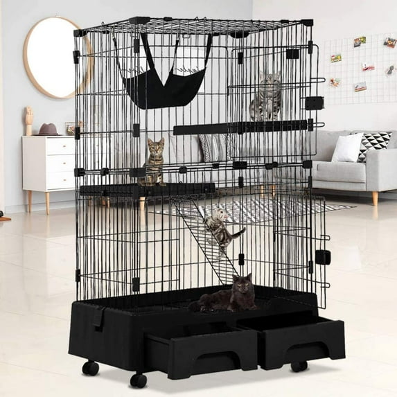 NiamVelo 52.3" Metal Cat Cage with Litter Box and Storage Case Cat Crate Kennel Playpen with Wheels/2 Front Doors/Ladders/2 Cat Bed