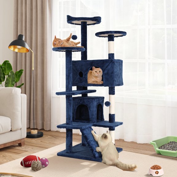 NiamVelo 54 " Cat Tree Cat Condo Cat Trees and Towers Multi-Level Activity Center Cat Playhouse with Sisal Scratching Posts & Perch for Kittens, Easy to Assemble, Navy Blue