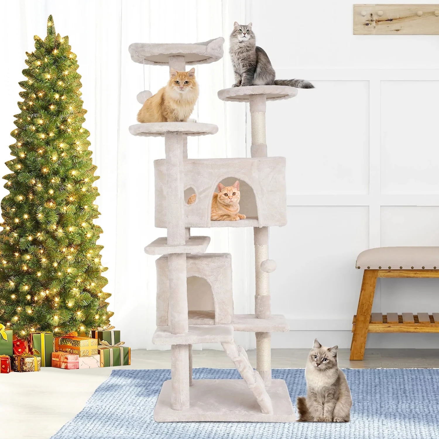 NiamVelo 54-in Double Condo Cat Tree Tower Playhouse with Scratching Post & Perch for Indoor, Beige