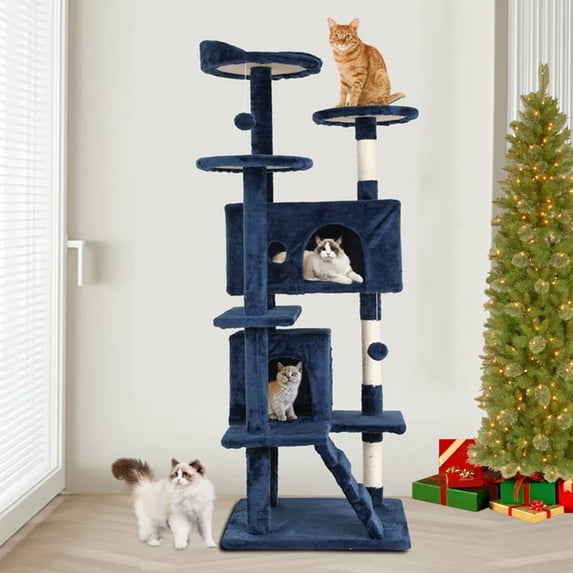 NiamVelo 54-in Double Condo Cat Tree Tower Playhouse with Scratching Post & Perch for Indoor, Navy Blue