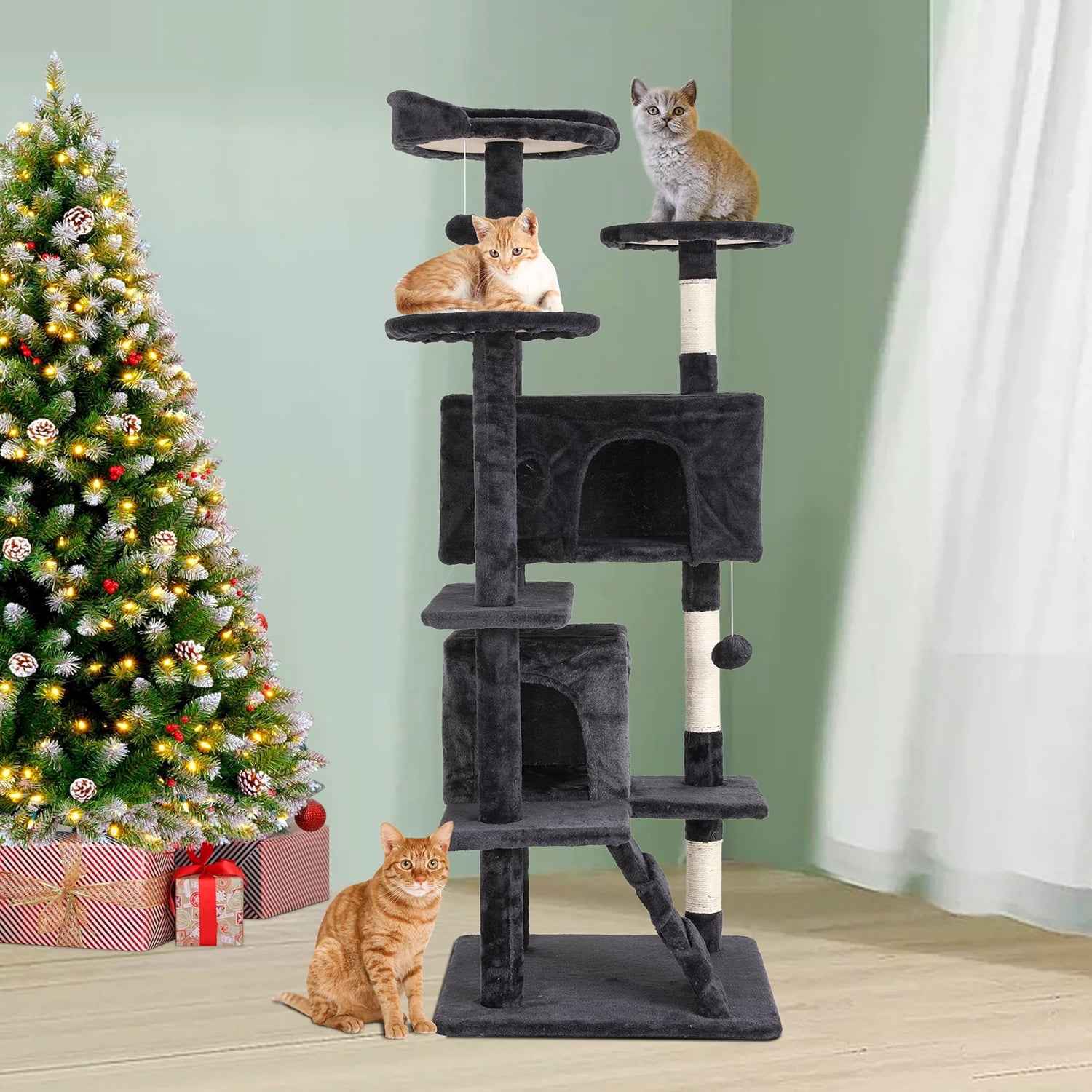 NiamVelo 54-in Double Condo Cat Tree Tower Playhouse with Scratching ...