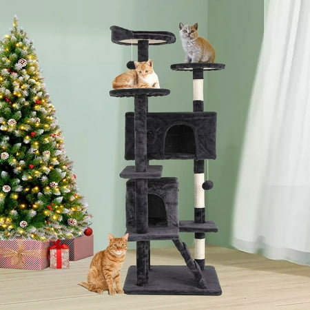 NiamVelo 54-in Double Condo Cat Tree Tower Playhouse with Scratching Post for Indoor, Dark Gray